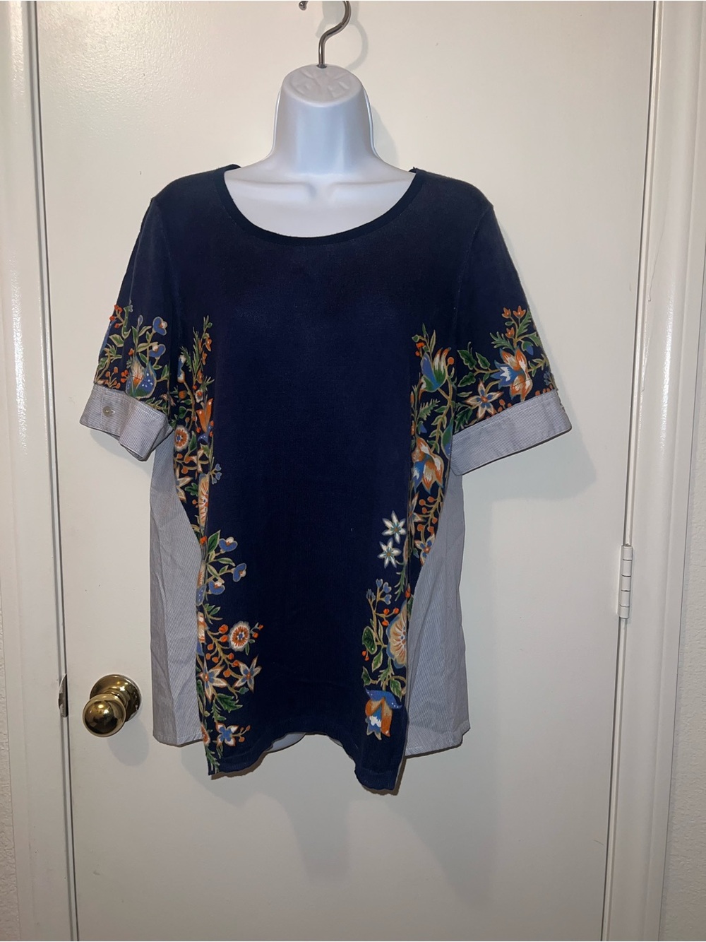 Anthropologie Navy and Light Blue Embroidered Floral Top